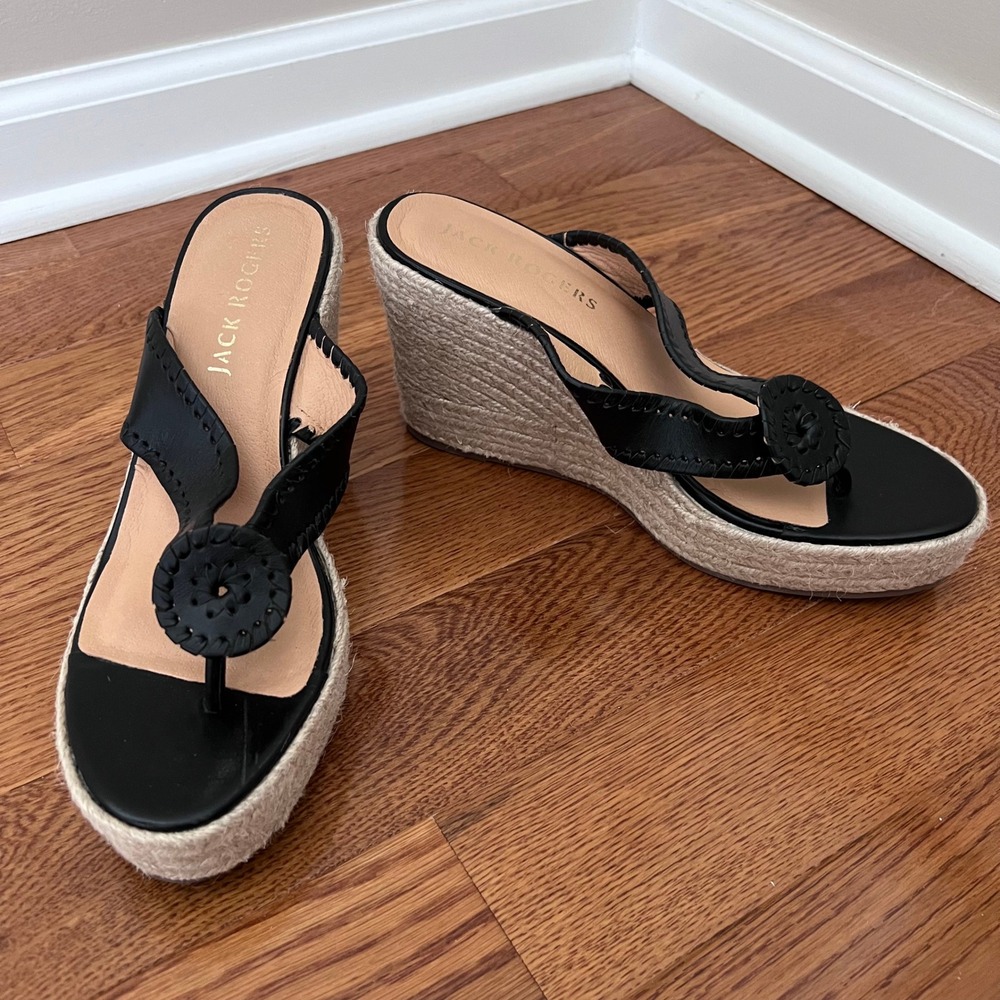 Jack Rogers Black Leather Espadrille Wedge Sandals with Rosette